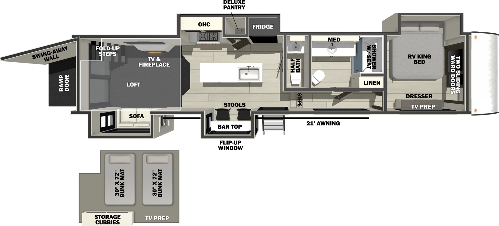 The Wolf Pack 411STAY floorplan is a toy hauler that has one entry and four slide outs. Exterior features include: fiberglass exterior and 21' awning. Interiors features include: loft, kitchen island, front bedroom and bathroom and a half.